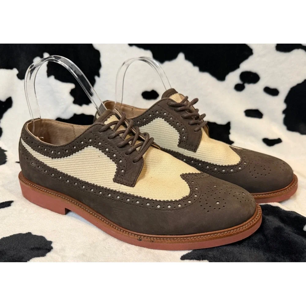 Polo Ralph Lauren Torrington Brown Leather Canvas‎ Wingtip Brogue Shoes 8.5D